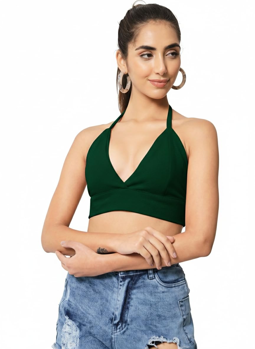 Istyle Can Women Solid Halter Neck Deep V Tie-Back Crop Top-image-5