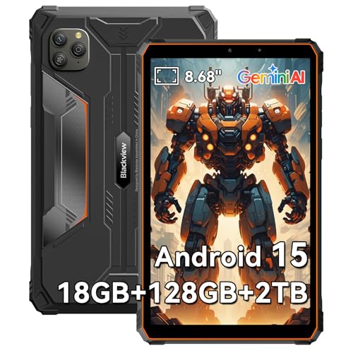 Blackview AI Rugged Tablet, 9 inch Android 15, 18GB+128GB TF 1TB, 180Hz, IP68/IP69K Waterproof, MIL-STD-810H Shockproof, Dual 4G LTE SIM, 16MP+13MP, 18W/OTG/5G WiFi/GPS/NFC/TÜV/Face ID/Glove Mode