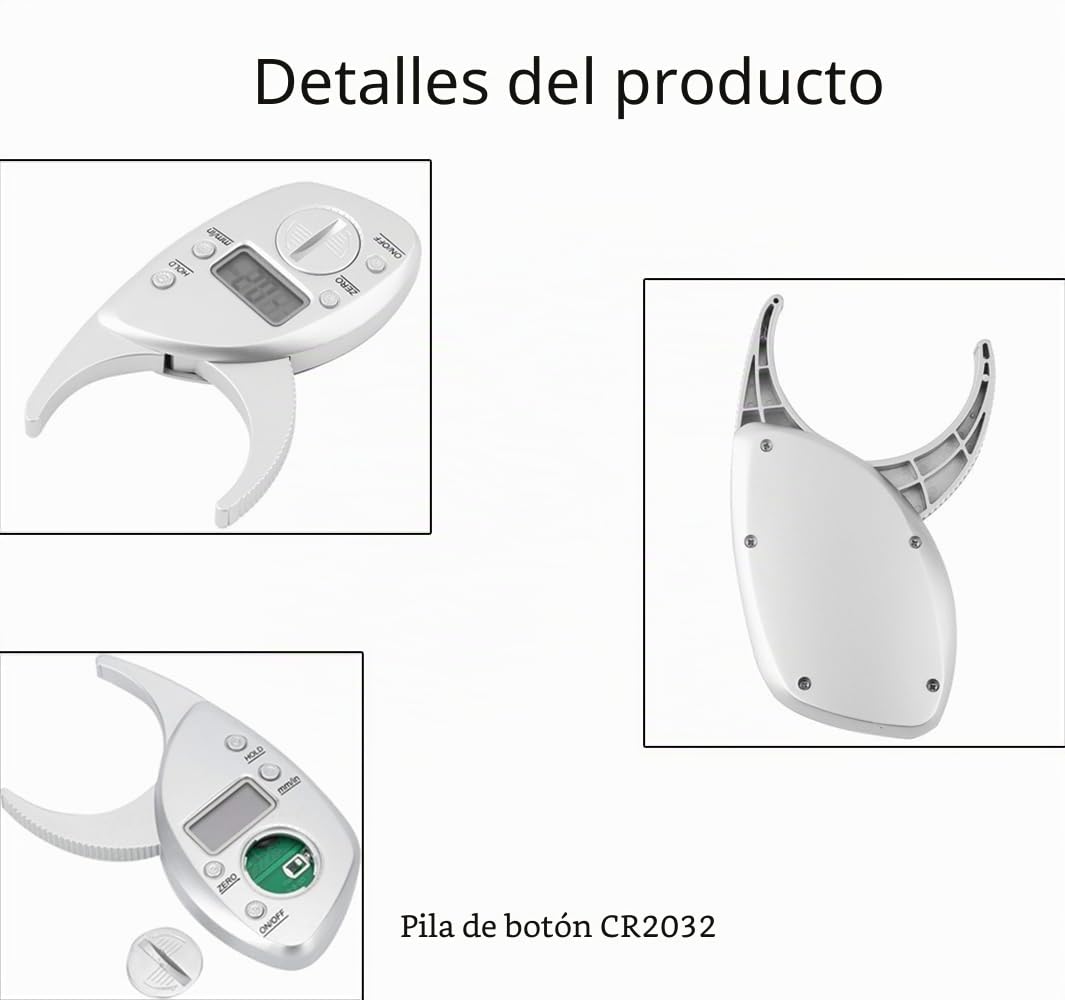 Calibrador de Grasa Corporal Digital, Medidor de Sebo con Medición del Pliegue Cutáneo Pinza Alta Precisión Pantalla LCD Batería para Adultos Plata