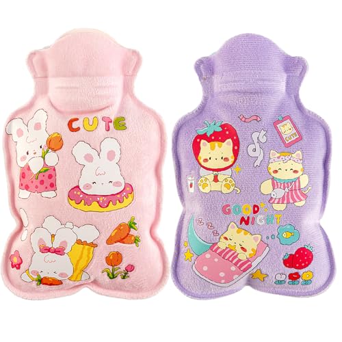 FOSDICK 2 PCS 600ml Bolsa Agua Caliente, Botella Agua Caliente Dibujo Animado Adorable, Saco de Aguas Quente, Hot Water Bottle with Cover para Dolor de Espalda, Lumbares, Vientre, Manos