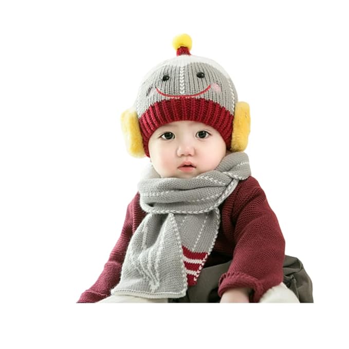 Devil Baby Boys & Girl's Winter Warm Knitted Cartoon Design Beanie Cap with Knitted Muffler Scarf Set
