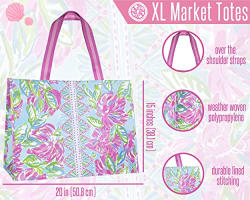 Lilly Pulitzer Pink/Green Xl Market Shopper Bag, Oversize Reusable Grocery Tote With Comfortable Shoulder Straps, Totally Blossom #TOP2