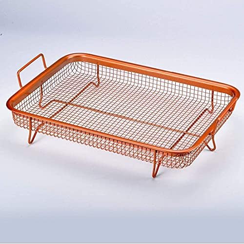 Copper Crisper Tray Set  Premium 2pc Non-Stick Oven Baking Tray with Elevated Mesh Crisping Basket and Handles - Even Healthy Oil Home Kitchen Cooking (Rectangle - Large)