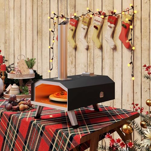 YTIAHOME Outdoor Wood Pellet Pizza Oven with Rotating, 12" Wood Fired Pizza Oven with Built-in Thermometer, Christmas Gifts Outside Pizza Stove with P