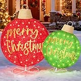 TOWPONICS 2Pcs Lighted Pop-Up Outdoor Christmas Ornaments Set, 35 Inch Large Outdoor Christmas Balls Decorations for Yard Lawn with 185 LED Lights, 8 Lighting Modes, Reinforced Metal Base - Red/Green