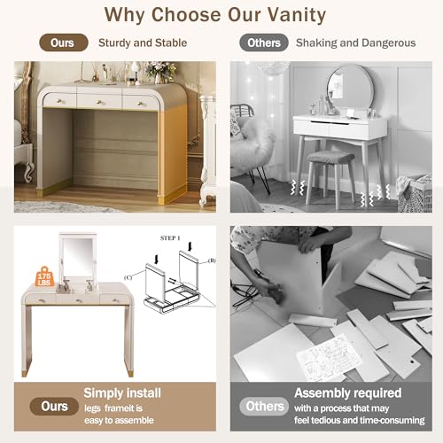 Image of JIVOIT Vintage Vanity Desk with Flip Mirror, Flip-Top Mirror with Hidden Storage, 3-in-1 Wood Dressing Table with 2 Drawers and Storage Space, Easy Assembly (Champagne,44)