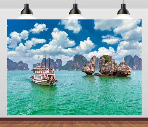 CORFOTO 5x3ft Fabric Vietnam Landscape Backdrop Mountain River Blue Sky Scenery Photography Background Green Water Cruise Ship Backdrops Travel Vacation Portrait Photo Booth