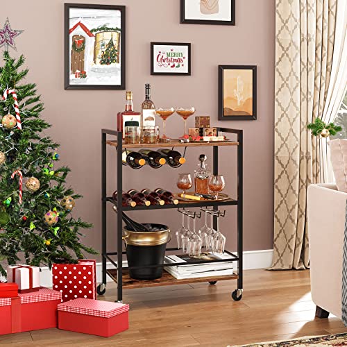 HOOBRO Bar Cart, 3-Tier Coffee Cart with Wheels, Kitchen Cars with Glass Holder, Rolling Serving Cars for Home, Living Room, Party, Bar, Rustic Brown and Black EBF35TC01G1