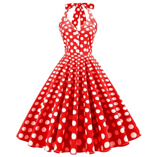 Neues, mittellanges Retro-Kleid aus Baumwolle mit Revers und offener Knopfleiste und gepunktetem grünem Neckholder für Damen – rote große weiße...