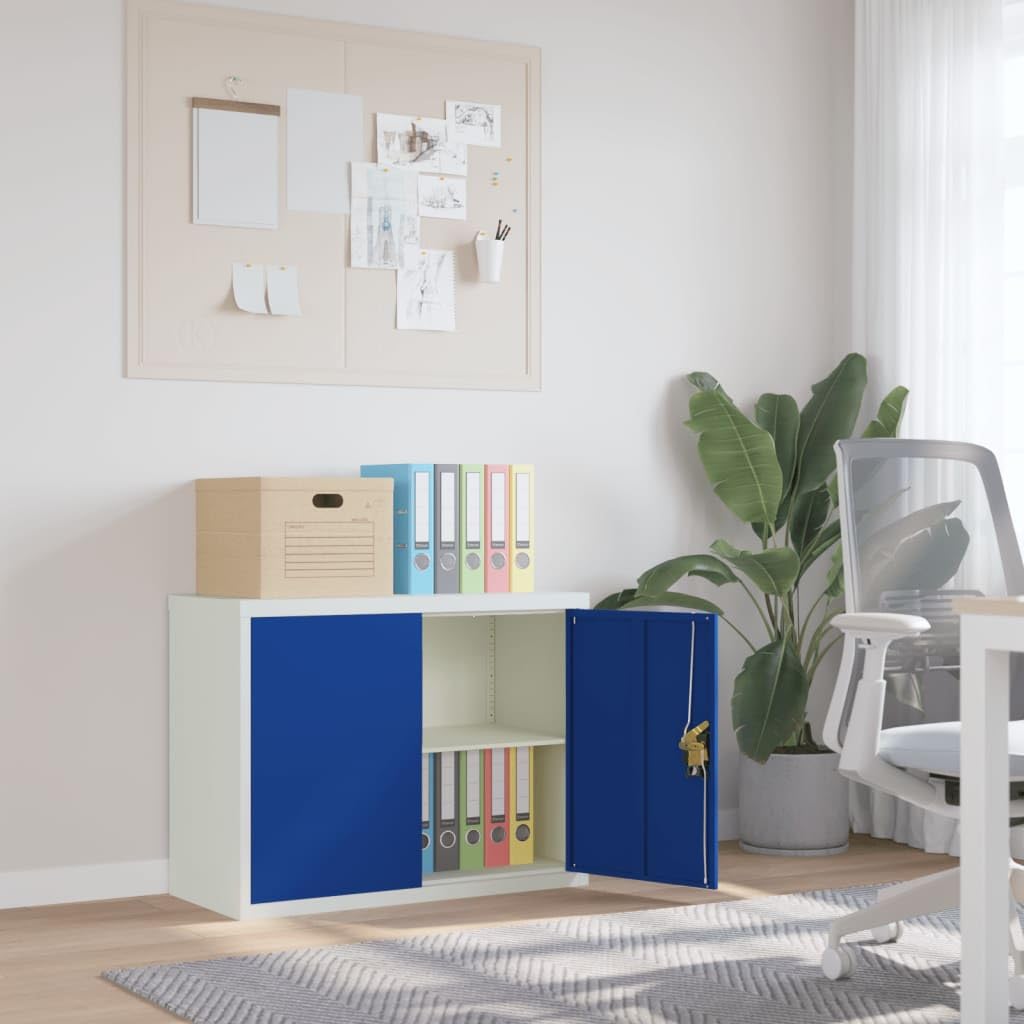 Aktenschrank für Büro, Industrie, Büro, Bücherregal, Büro, Möbel, 90 x 40 x 70 cm, niedriger Schrank, hellgrau und blau