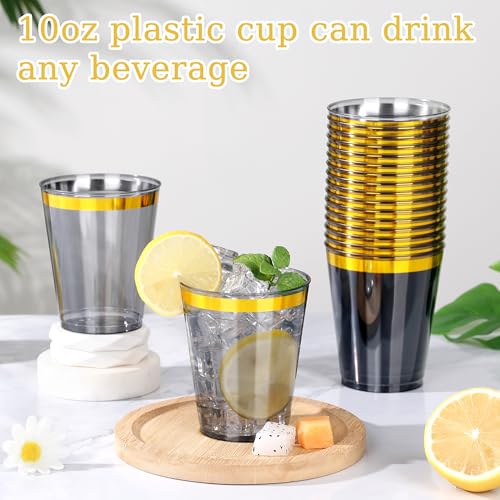 Image of 100 Pcs Gold Black Plastic Cups,10Oz Gold Rimmed Plastic Cups,Heavy Duty Gold Rim Clear Disposable Plasitc Cocktail Tumblers Wine Cup for Party,Wedding,Birthday,Christmas