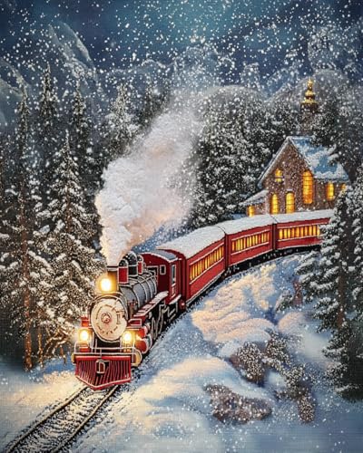Punto de cruz del tren en el bosque para decorar el salon con cuadros diy hechos a mano