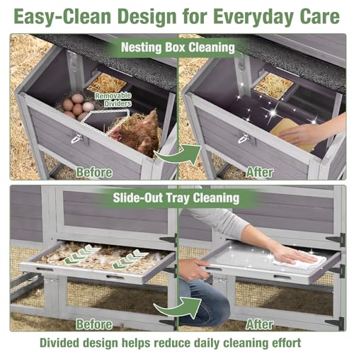 Image of Mobile Chicken Coop with Wheels for 4-6 Chickens, Large Outdoor Hen House with Run, Weatherproof Asphalt Roof, Sectionable Nesting Box & Pull-Out Tray, 82.4 inch L x 25.8 inch W x 44.1 inch H - Grey