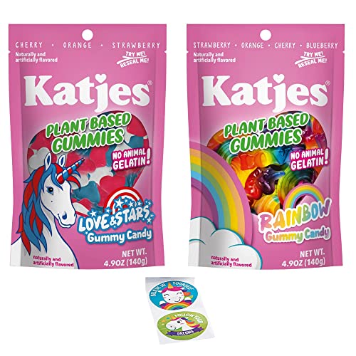 Katjes Love & Stars Gummies & Rainbow Gummies 2- 4.9 oz Peg Bags Plant Based Gummies No Animal Gelatin Bundle By CoolGadgetGift with Unicorn Stickers