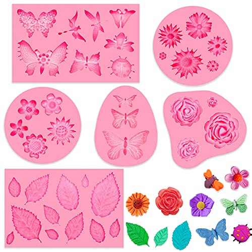IHUIXINHE 6 Unidades de Molde de Silicona para Fondant, Mini Flor de Margarita, Mariposa, Hoja, Molde de Silicona en Forma de Rosa, para Decoración de Pasteles de Proyectos de Elaboración Cover