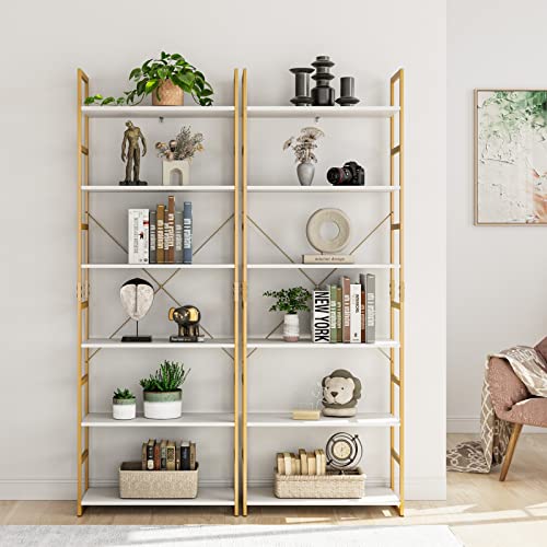 Finetones 6-Tier Bookcase, Free Standing Display Bookshelf, Storage Organizer Unit With X Crossbars, Flower Stand Plant Rack For Living Room, Kitchen, Bathroom, Home Office, White/Gold #TOP4