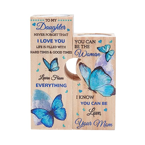Superdant To My Daughter Personalized Wooden Candle Holder Blue Butterfly Pattern Tealight Candle Holder Moon-Shaped Candle Holder Wooden Candlestick Holders With 2 Tealights For Birthday Gifts #TOP27