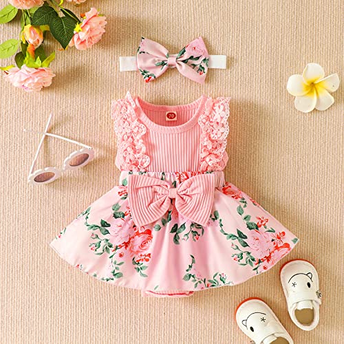 Cute Infant Baby Girls Romper Patchwork Jumpsuit Flower Print Lace Ruffled Bowknot Front Dress Romper Headband (Pink, 0-3 Months) #TOP2