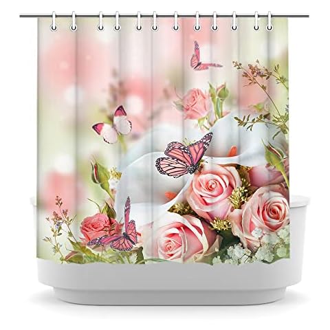 LyerArtork Butterfly and Rose Shower Curtain Elegant Pink Flower Bathrooom Curtain Pretty Floral Bathroom Curtain Durable Fabric Accessories Set with 12Pcs Hooks for Bathroom 72x72inch Cover