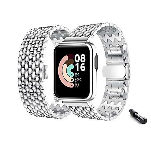 Metall Armbänder für Xiaomi Mi Watch Lite/Redmi Armband Edelstahl Armband + Schutzrahmen Solo Loop für Damen/Herren Watch Ersatzarmband Kompatibel mit Xiaomi Mi Watch Lite (Silber) Cover