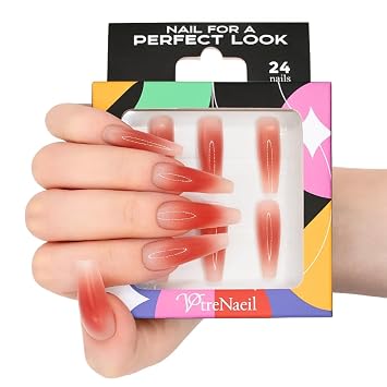 Press On Nails - Sunset Amber | No Glue Long Coffin Red Orange Blush Nails, Glossy Gradient Finish - 24 Pcs Nail Kit with Adhesive Tabs