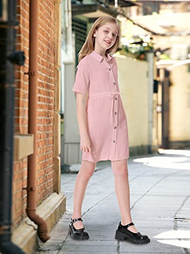 Mmoitkki Girls Pink Short Sleeve Dress Button Down Tie Waist Summer Casual Shirt Dresses With Pockets 9-10 Years #TOP4