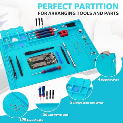 Image of XIKKART Silicone Magnetic Mat Rug For Laptop Mobile Repairing, 932F Heat Resistant Work Mat Large 17.8x11.8 inch Soldering Mat for Soldering, Cell Phone, Drone, Electronics Repair Combo Kit