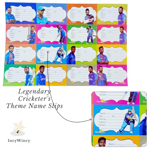 Image of Name Stickers for Notebooks & Books - Pack of 64 Durable Labels | School Stationery Essentials | Name Slips & Book Labels (Cricketer)