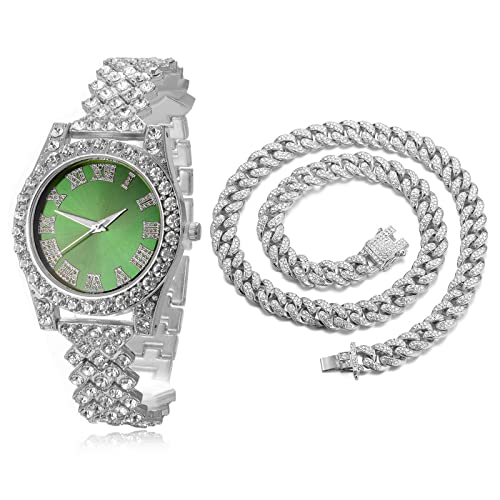 Image of Halukakah Diamonds Gold Watch Iced Out, Kid's 18K Real Gold /Platinum White Gold Plated 36MM Width Green /Blue /Red Dial Quartz Wristband 8 inch with Cuban Link Chain 7 inch+16 inch Bracelet, Free Giftbox