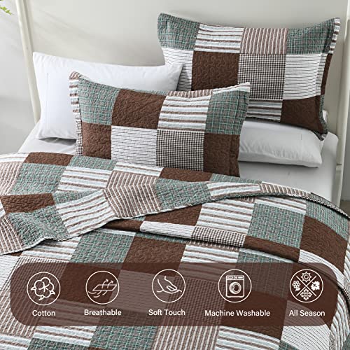 Image of Finlonte Quilts Queen Size - 100% Cotton Queen Comforter Set Brown Green White Plaid Farmhouse Quilt Bedding Set, Reversible Lightweight Soft Bedspread, Quilted Coverlet All-Season, 3-Piece