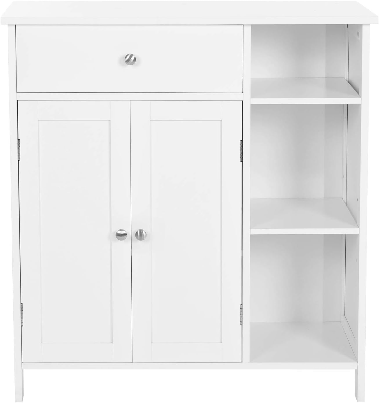 VASAGLE Meuble de Salle de Bain, Meuble de Rangement avec 2 Portes, Armoire de Salle de Bain avec Tiroir, 3 Compartiments Ouverts, Étagères Réglables, 75 x 30 x 80 cm, Blanc Nuage BBC142W01