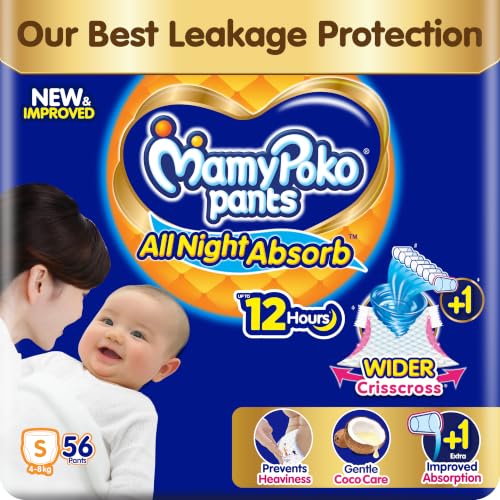 Image of New Mamypoko Pants Premium All Night Absorb| Pant Style Baby Diapers Small Size(S), 56 Count, Ideal for 4-8Kgs|1 Diaper= Upto All Night Absorption now with increased power of +1glass|Wider Crisscross Sheet|Gentle Coco Care| 12hr Leakage Protection| Prevents Heaviness.