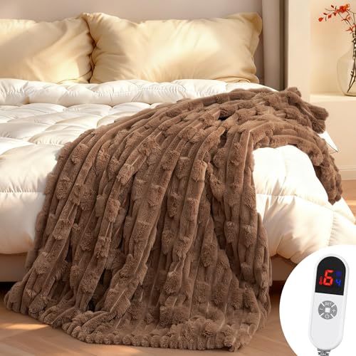 Heated Throw Blanket 50x60 Electric Blanket with Bamboo Pattern Luxury Faux Rabbit Fur&Soft Flannel 6 Heat Settings 1-4 Hour Auto Shut-Off Machine Washable (Dark Brown)