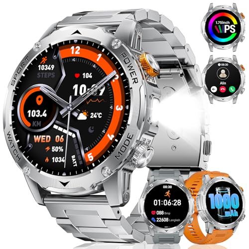 LIGE Reloj Inteligente Hombre, 1000mAh Batería/Linterna LED, Llamada Bluetooth Asistente de Voz, 100+ Modos Deportivos, 1,75