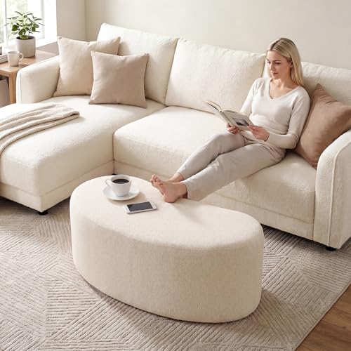 Image of Zesthouse Upholstered Ottoman Bench for Bedroom, 39.8 inch Curved Linen End of Bed Bench, Modern Small Bench Seat for Living Room Entryway Hall Mudroom, Soft Beige Fabric Coffee Table, Crescent Shape