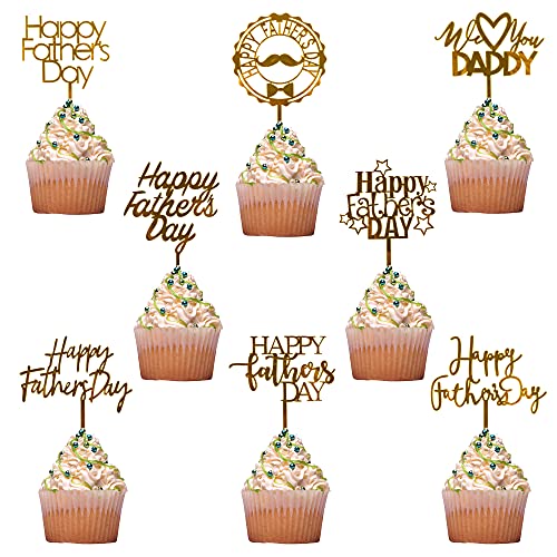 8 Piece Happy Father's Day Cake Topper - Father's Day Golden Glitter Birthday Cake Decoration Dad Party Supplies #TOP1