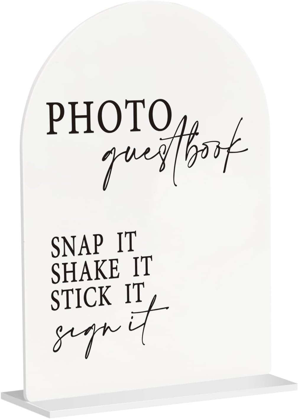Photo Guest Book Arched Acrylic Wedding Table Sign Modern Calligraphy With Base | 1/8" Thick 6"x8" Table Decor for Wedding Reception Cards Gifts