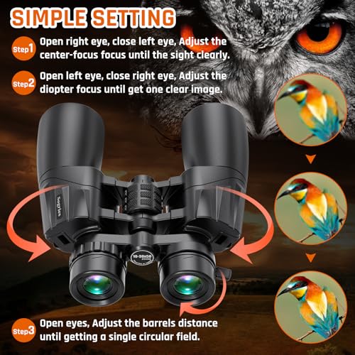 10-30x50 Zoom Binoculars for Adults, High Powered Military Binoculars for Bird Watching Traveling Hunting Concerts with Large View,BAK4,FMC Lens,Clear Low Light Vision at Night