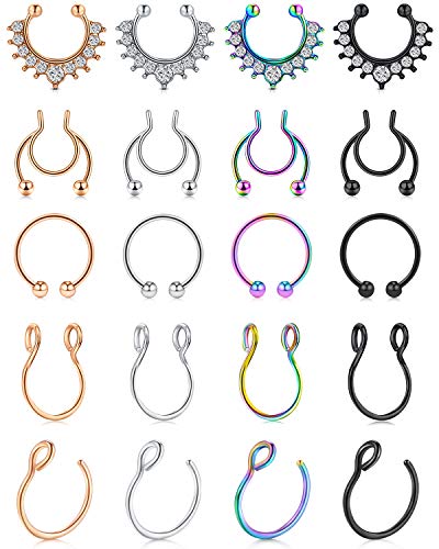 Mayhoop Faux piercing nez septum 20 pièces acier chirurgical avec clair CZ faux piercing de lèvre oreille nez septum anneau non piercing pour femmes hommes Cover