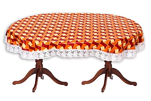 Image of The Furnishing Tree Waterproof PVC Oval Shaped Center Table Cover WxL 40x60 inches Frieze Pattern Orange with White Border lace