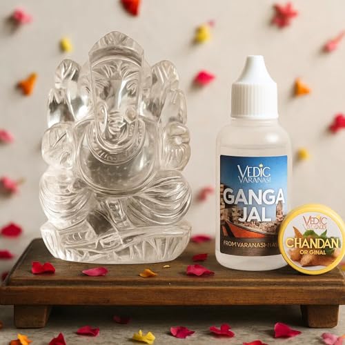 Image of Certified Sphatik Ganesha (10-20 Gram) | AAA Grade Clear Quartz Crystal Vinayaka Idol | with Pure Ganga Jal & Chandan | Spatika Ganapati for Puja & Meditation