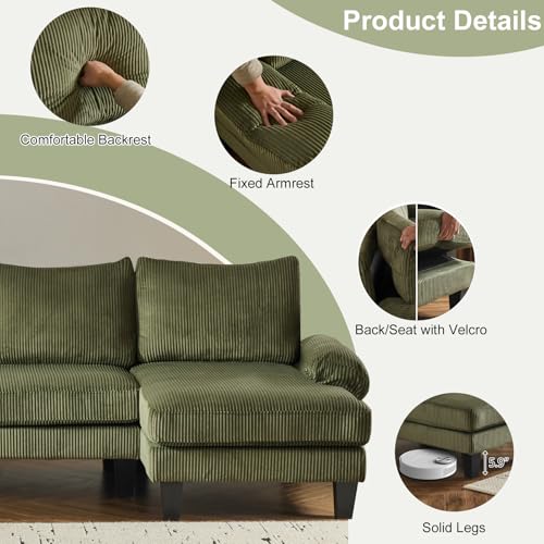 Image of Karl home Compact U-Shape Sectional Sofa Couch 111 inch 4-Seat Green | Modern, Corduroy Fabric Upholstered, Double Chaise, Wood Grain Legs for Living Room, Home Office, Apartment, Studio
