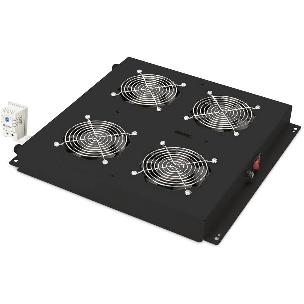 DIGITUS Ventilateur de toit pour armoire réseau 19 pouces – 4 ventilateurs | Thermostat – Débit d'air 9,3 m³ par minute – Pour les séries Unique, Unique Light et Server-N – Noir