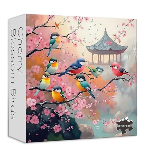 PICKFORU Cherry Blossoms Jigsaw Puzzles 1000 Pieces, Spring Flowers Birds 1000 Piece Puzzle for Adults, Vintage Nature Plant Pavilion Puzzle as Home Decor