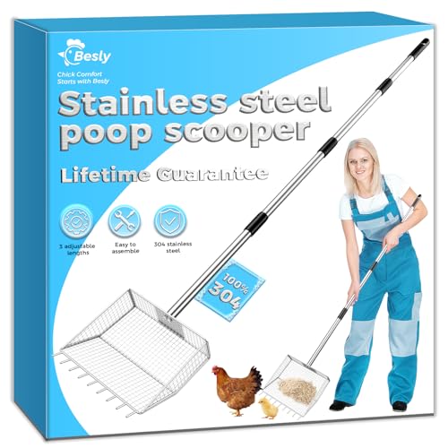 Chicken Poop Scooper & Rake 2-in-1 304 Stainless Steel Rustproof Shovel Head with 35 to 62 Adjustable Handle Coop Cleaning Tool Scoop Sifting Shovel for Goat Stall/Stable/Farm
