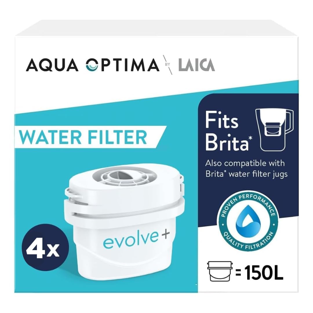 Aqua Optima Evolve+ Water Filter Cartridges 4 Pack - Fits Brita Jugs & Alternative for Maxtra Filters* - Reduces Limescale, Chlorine and Other Impurities - by LAICA