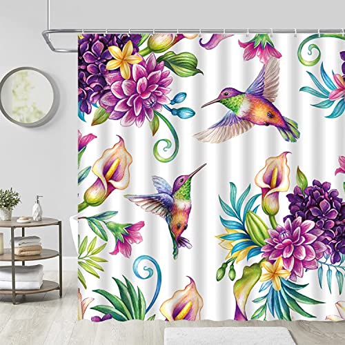 Bird Flower Shower Curtain Calla Lily Hummingbird Decor Vintage Garden Dynamic Nature,Fabric Bathroom Set Hooks Included,Purple #TOP1