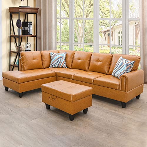 A AinehomeSectional Sofa Living Room Furniture Set 97" W L Shape Small Sofa for Small Space Leather Couch with Left Hand Facing Chaise Lounge and Removable Ottoman for Bedroom Apartment (Ginger)