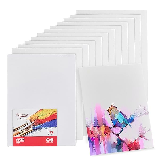 Artlicious Canvases for Painting - Pack of 12, 9 x 12 Inch Blank White Canvas Boards - 100% Cotton Art Panels for Oil, Acrylic & Watercolor Paint