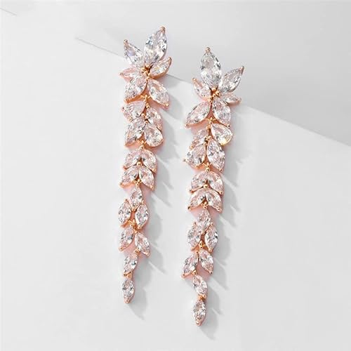 Earrings Luxury Marquise Cluster Shiny Leaf Shape Cubic Zirconia Long Dangle Drop Earrings For Brides Wedding Jewelry By Sgdfdju (Metal Color : Antique Copper Plated) #TOP3